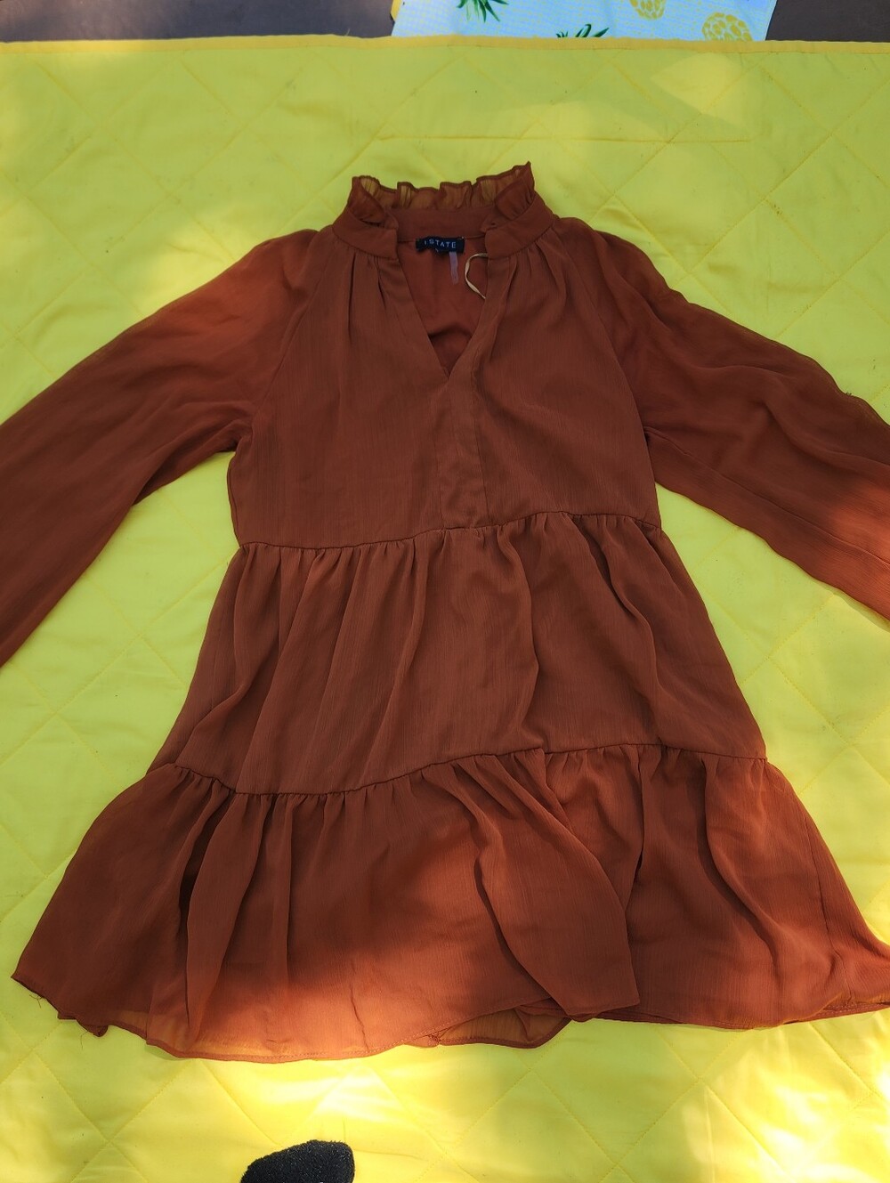 1st State Ruffled Neck Tiered Tunic Dress — Rust Brown